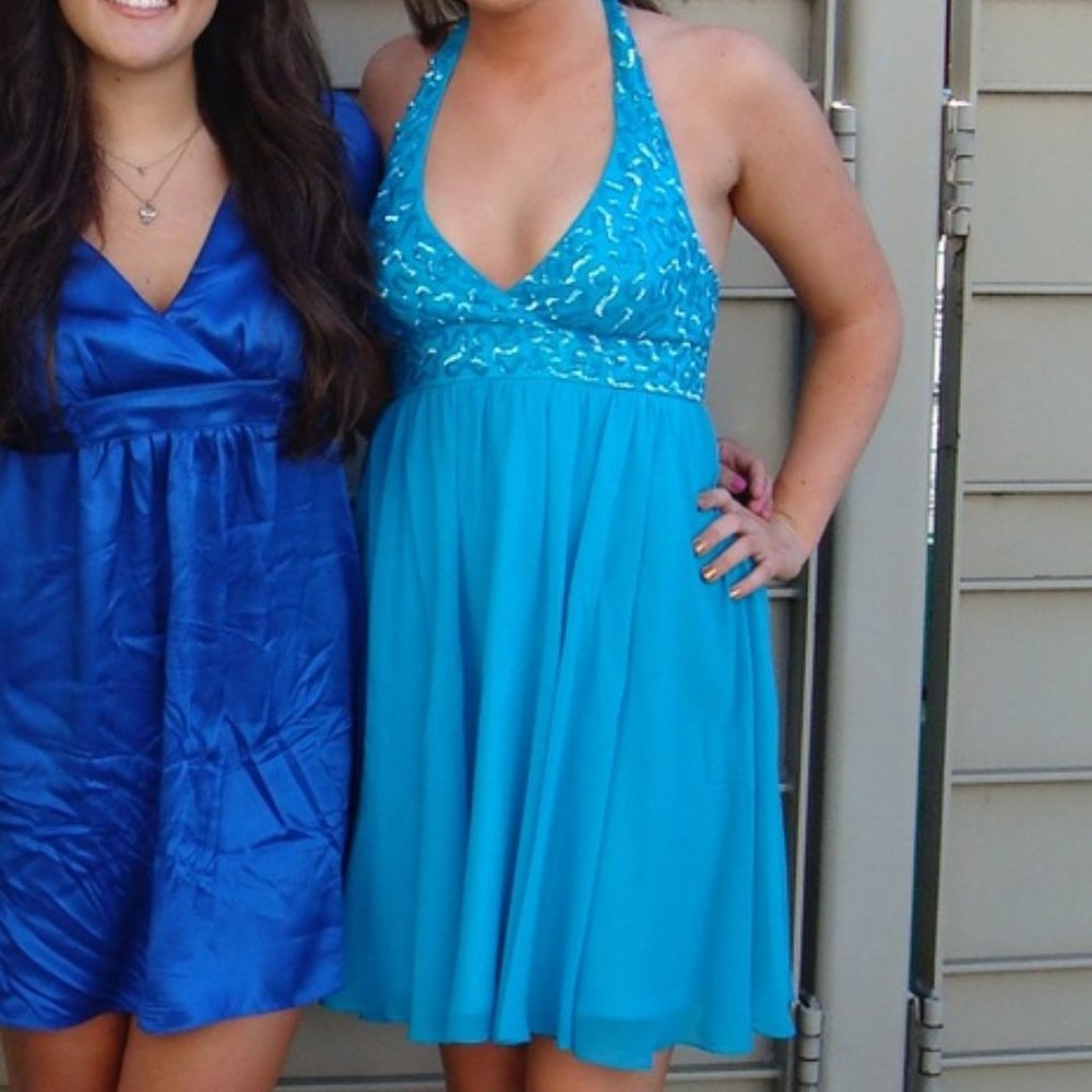 Betsey Johnson Evening Aqua Sequin Halter Dress - Picture 2 of 10
